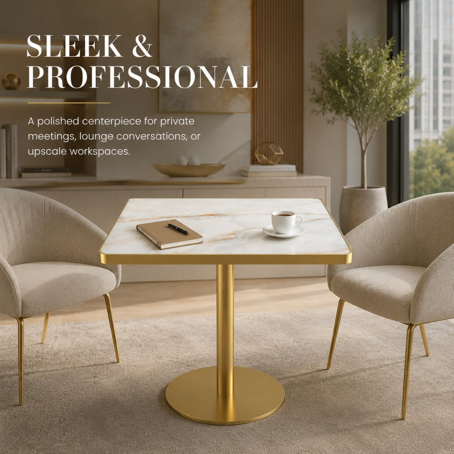 Miniyam 31.5 in Square Dining Table, Glossy Marble-Look Small Kitchen Table with Titanium Gold Feet, White Gold Vein