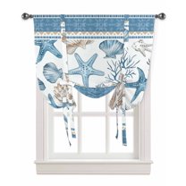 Blue Coastal Nautical Tie Up Curtains for Kitchen Bathroom Bedroom Windows 45 Inch Length, Summer Beach Starfish Shell Coral Balloon Drape Curtains Shade Rod Pocket Drapery Curtain Panel, 42"x45"