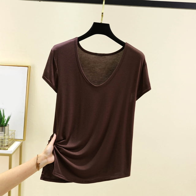JMKQLZ T-shirt Décontracté pour Femmes à Manches Courtes, Col Rond, Fendu, Couleur Unie, Blouse de Maison