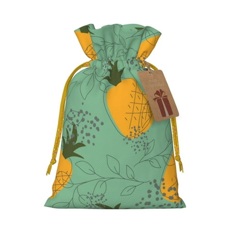 ZICANCN Christmas Gift Bags, Yellow Pineapple Blue Background Reusable Fabric Drawstring Storage Bags with Drawstring, Small Size