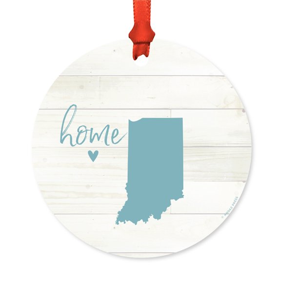 US State Round Metal Christmas Ornament, Rustic Light Wood Print, Indiana Home, Includes Ribbon and Gift Bag