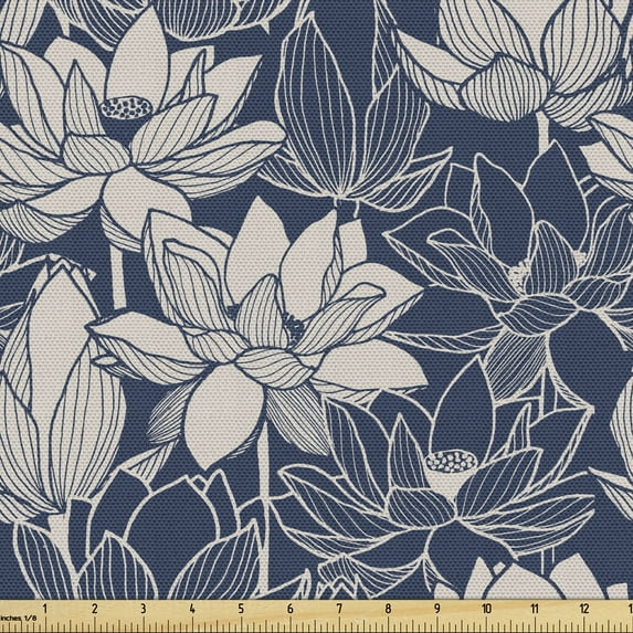 Floral Fabric by the Yard Upholstery, Concept of Digital Striped Flower Silhouettes Nature Art Nostalgic Tones, Decorative Fabric for DIY and Home Accents, Pale Tan Night Blue by Ambesonne