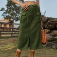 thumbnail image 2 of SMihono Women's Casual Button Jean Skirt High Waist Stretch Long Denim Skirts Front Slit Elastic Flap Pockets Midi Skirts Army Green 10, 2 of 5