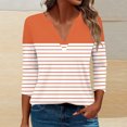 thumbnail image 3 of Scyoekwg Womens 3/4 Sleeve T Shirts V Neck Three-quarter Sleeve Tshirts Lightweight Striped Print Graphic Tee Comfy Blouse (Orange,L), 3 of 5