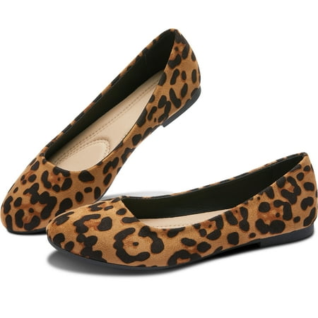 Obtaom Women s Round Toe Ballet Flats Cute Textile Ballerina Flats Comfortable Faux Leather Insole Low Heels Dress Shoes For Ladies (Leopard US9)