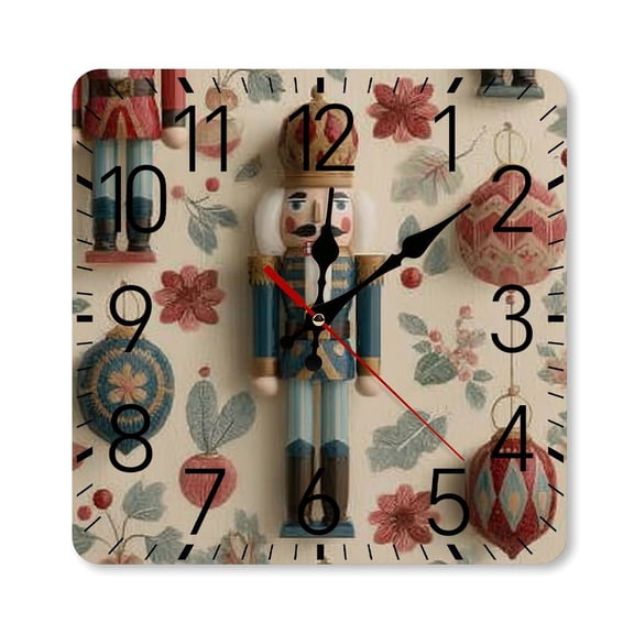 RKSupls 10×10inch Square Silent Wall Clock Wooden Frame, Nutcracker Ornaments Pattern Scale Decorative Clock for Home Bedroom Living Room Office