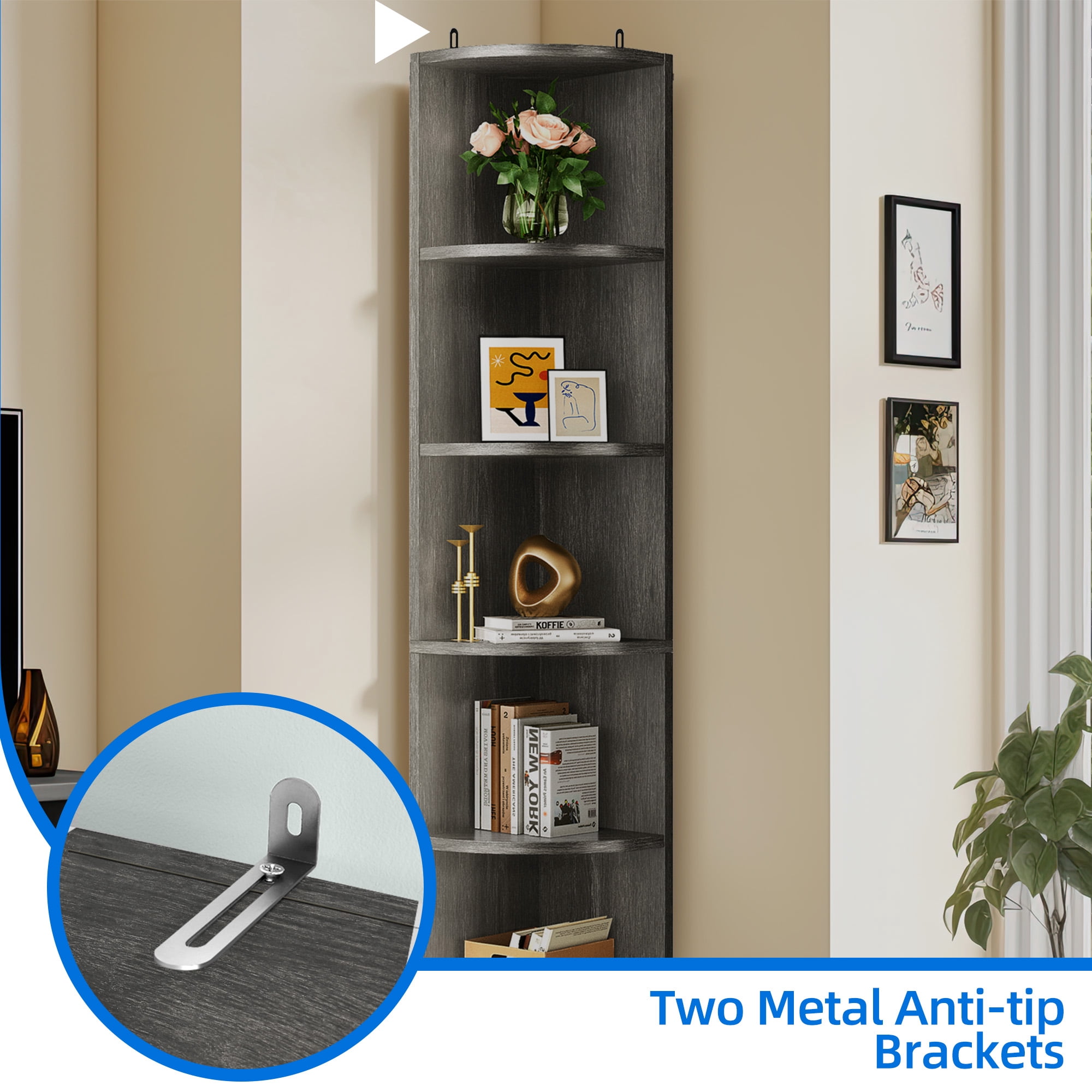 Dextrus 70.8" Corner Shelf, 5 Tier Corner Bookshelf and Bookcase, Modern Open Free Standing Shelving Unit Wooden Display Rack Storage Shelves , Gray
