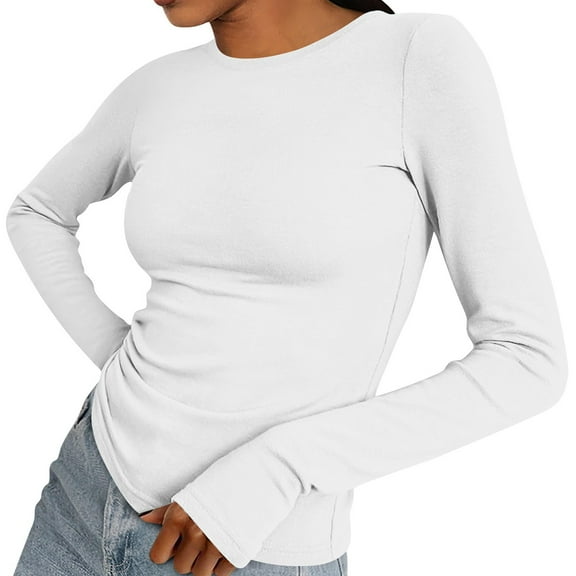 Women's Casual Long Sleeve Crewneck Solid Color T-Shirt Comfortable Stretchy Basic Top for Everyday Wear