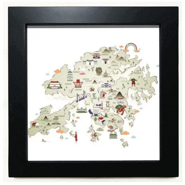 Hong Kong Hiking Locations Map China Black Square Frame Picture Wall Tabletop