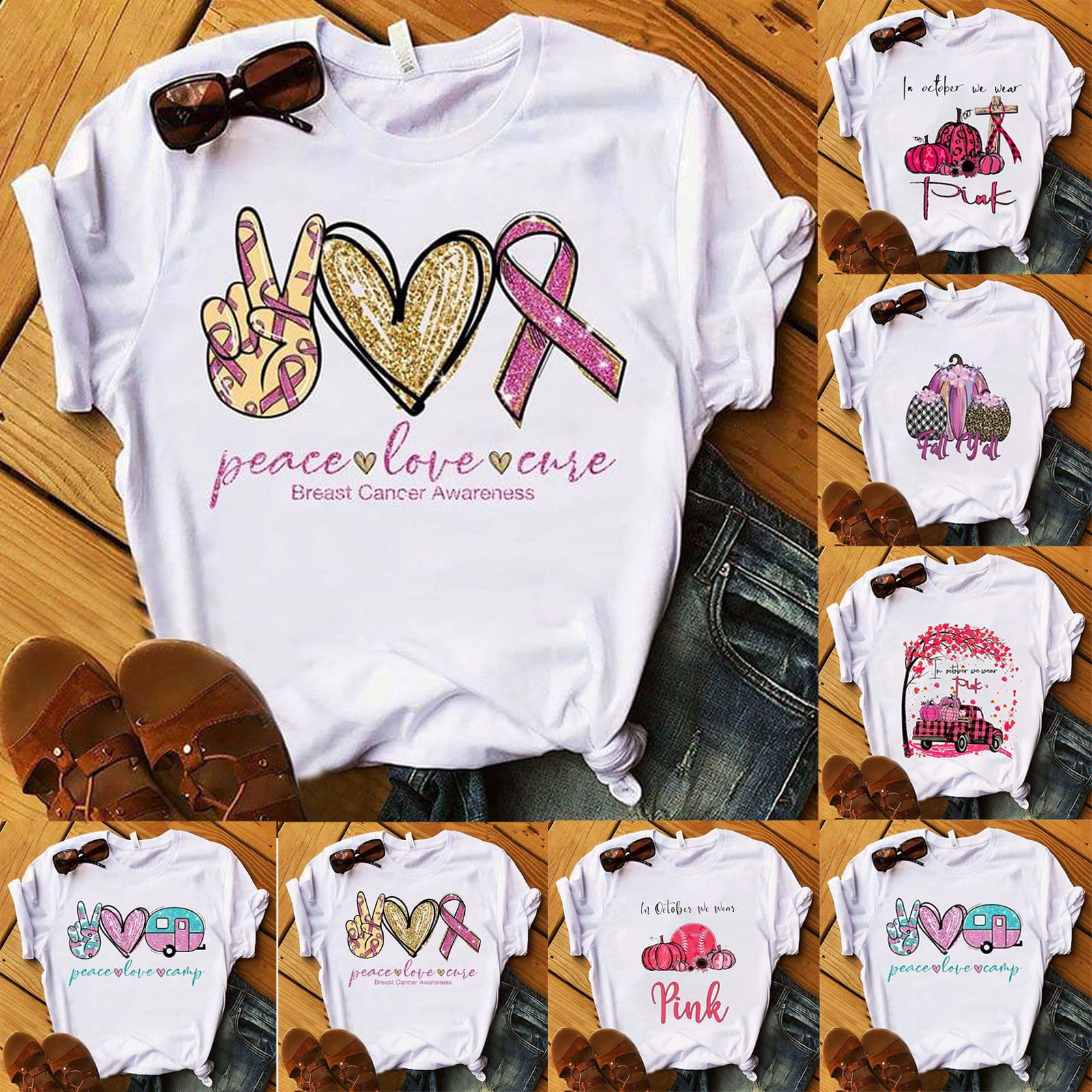 T-shirt Octobre Rose Pour Femme - Col Rond, Manches Courtes - Motif Ruban Rose Cœur - Tailles S à XXXL - Coton Doux - Soutien Cancer Du Sein