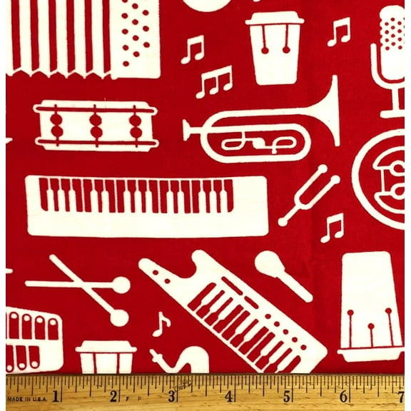 1 Yard -  Musical Instruments Music on Red Flannel Cotton Fabric (Great for Quilting, Sewing, Craft Projects, Throw Pillows & More) 1 Yard X 44" Wide