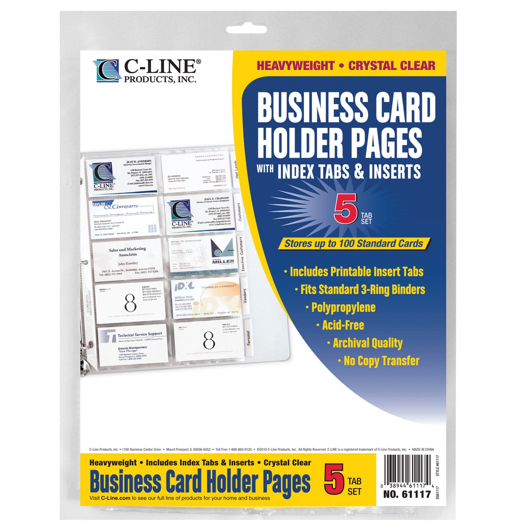 Business Card Holder, Poly with Tabs, Holds 20 Cards/Page, 11 x 8 1/2, 5/PK (Set of 5 PK)