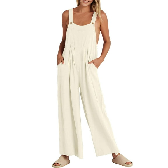 Lisingtool Womens Overalls Casual Loose Sleeveless Adjustable Straps Wide Leg Jumpsuit with Pockets Jumpsuits for Women Dressy Beige
