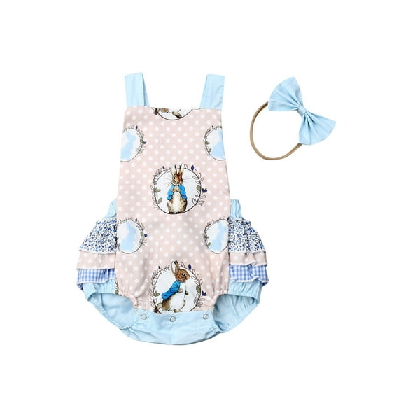 Aunavey Infant Baby Gril Easter Romper Bunny Halter Ruffle One Piece Outfit Clothes Playsuit with Headband