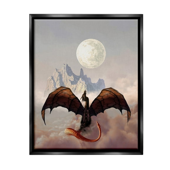Stupell Industries Dragon & Full Moon Fairy Tales & Fantasy Painting Black Floater Framed Canvas Art Print Wall Art, 17 x 21