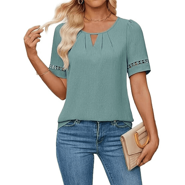 Camisa Elegante de Corta con Encaje y Mangas Huecas para Mujer, Color Liso, Verde L