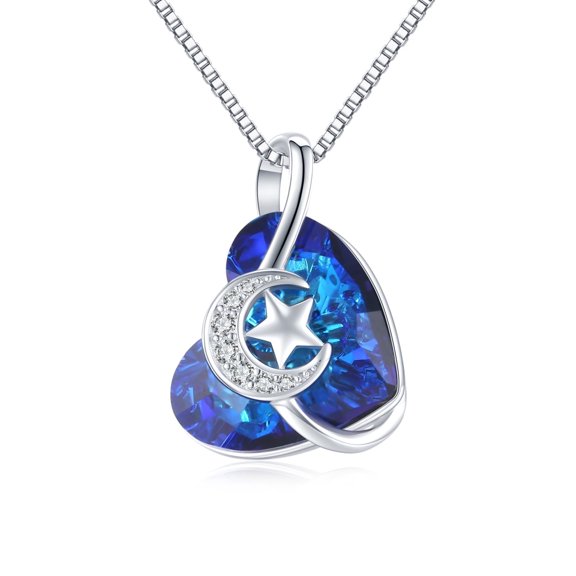 Midir&Etain Moon Star Necklace 925 Sterling Silver Crescent Pendant Necklace with Heart Shaped Blue Crystal Jewelry as Girlfriend's Birthday Gift Mother's Day Gift