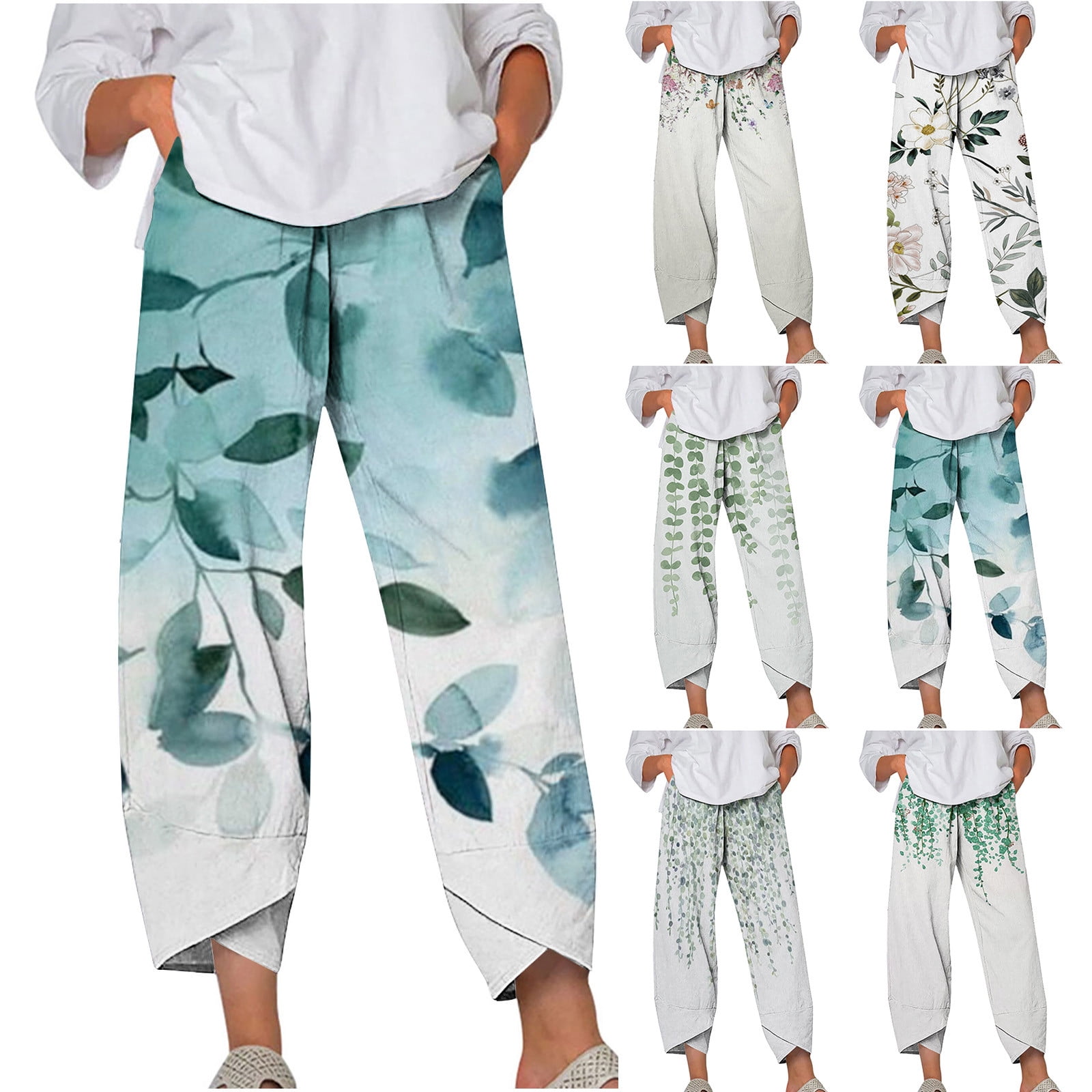 Summer Wide Leg Elastic Waist Pants, Women's Casual Summer Pants Floral