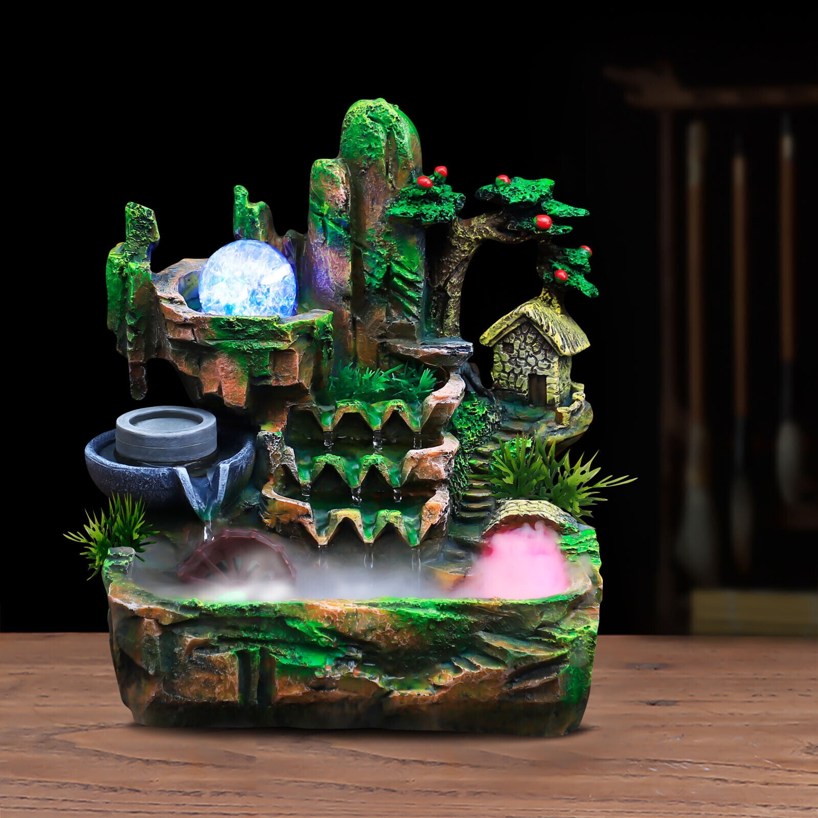 Tabletop Fountain Indoor Small Rockery Desktop Mountain Waterfall with Fog & LED Indoor Desktop
