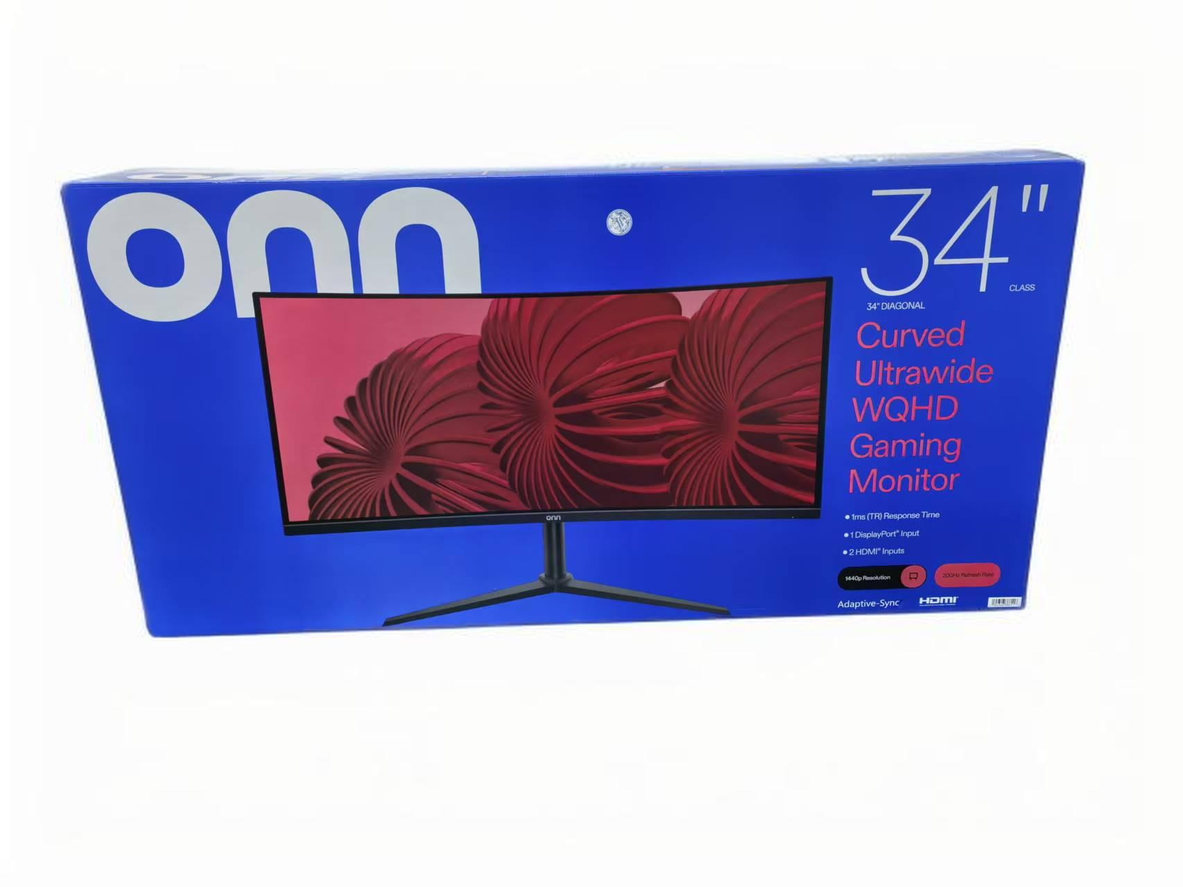 onn. 34" WQHD (3440 x 1440p) 200Hz Bezel-Less Gaming Monitor, Curved 1500R, 1ms, with 1.85m HDMI & DP Cable, SPK, Black