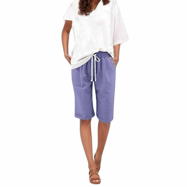 Lenpel Bermuda Shorts for Women Elastic High Waisted Drawstring Side Button Knee Length Shorts Summer Casual Shorts with Pockets