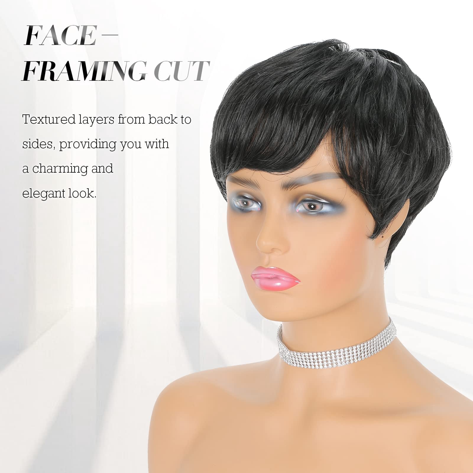Layered Pixie Cut Wigs Synthetic Short Ombre Gray Wavy Grey to Black Glueless Wig for Women with Bangs