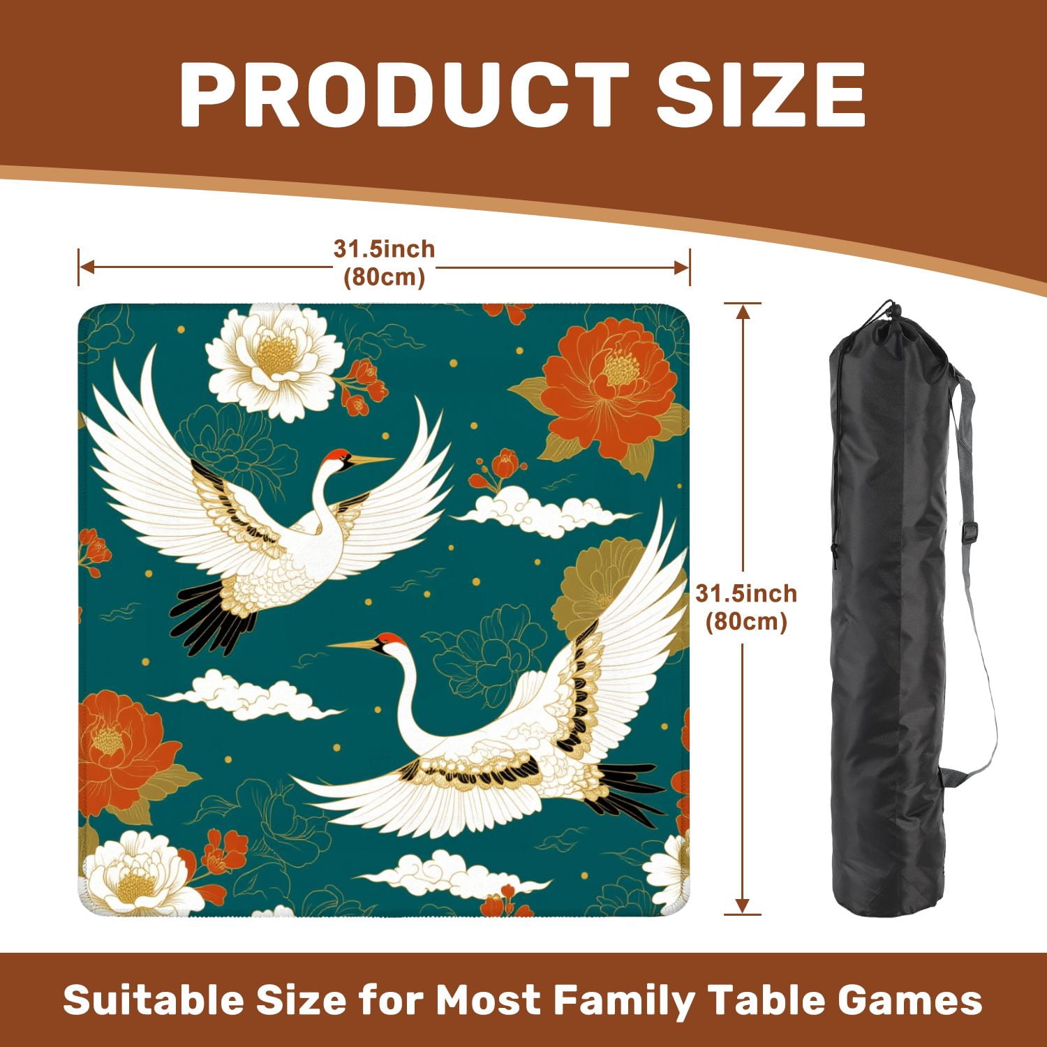 Mahjong Mat 31.5" x 31.5" Elegant Cranes Flight Floral Motif Teal Non-Slip Noise Reduction American Mahjong Tiles Table Cover for Dominoes Poker Card Board Games Gift