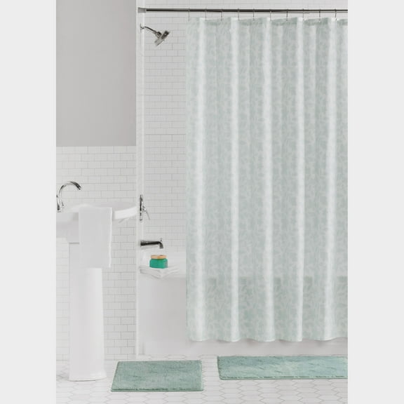 Mainstays 15-Piece Green Leaves Bathroom Set – Nature-Inspired Shower Curtain, Bath Rugs & Hooks, Washable Polyester
