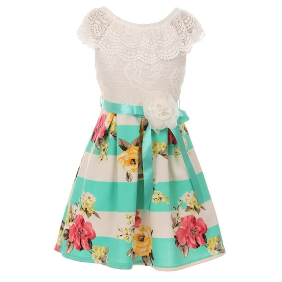 Little Girls Off Shoulder Floral Lace Stripe Holiday Party Flower Girl Dress Mint 4 (J21KS29)