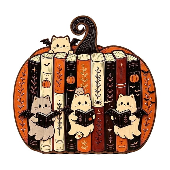 Floleo Personalized Wooden Pumpkin Bookend Decor – Ghost Cat Halloween Shelf Ornament for Bookshelf Mantel, Cozy Fall Home Accent Gift
