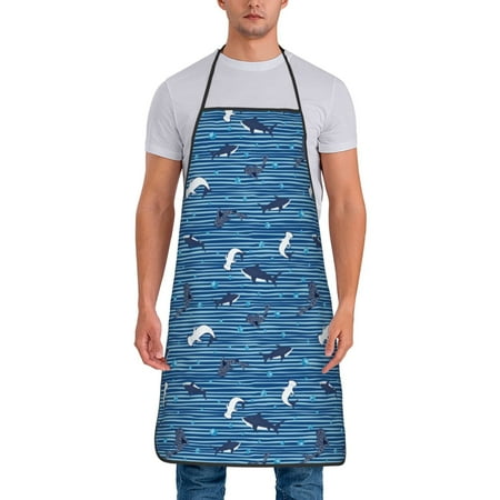 

Lukts Sharks on White Blue Striped Print Unisex Tie-Up Aprons Bibs for Chef Kitchen Grill Beverage Shop