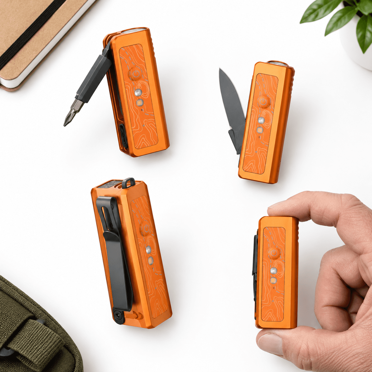 Orange Compact Multitool with Flashlight Magnetic Bit Driver and Versatile Lighting for Everyday Carry