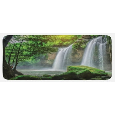 Waterfall Kitchen Mat, Cascade Stream in Exotic North National Park Paradise Nature Surreal Print, Plush Decorative Kitchen Mat with Non Slip Backing, 47" X 19", White Green, by Ambesonne
