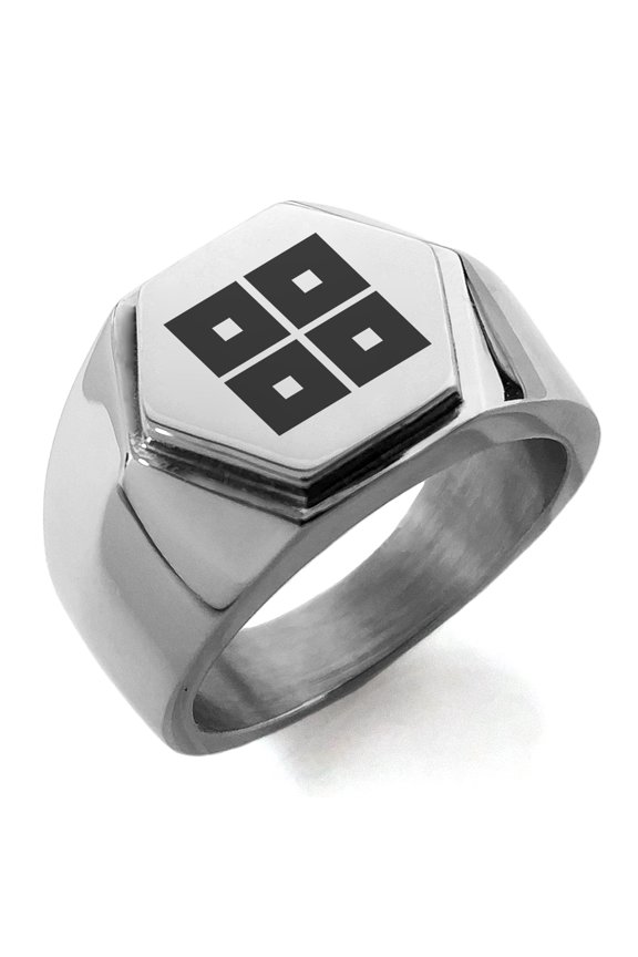 Stainless Steel Kyogoku Samurai Crest Engraved Hexagon Crest Flat Top Biker Style Polished Ring