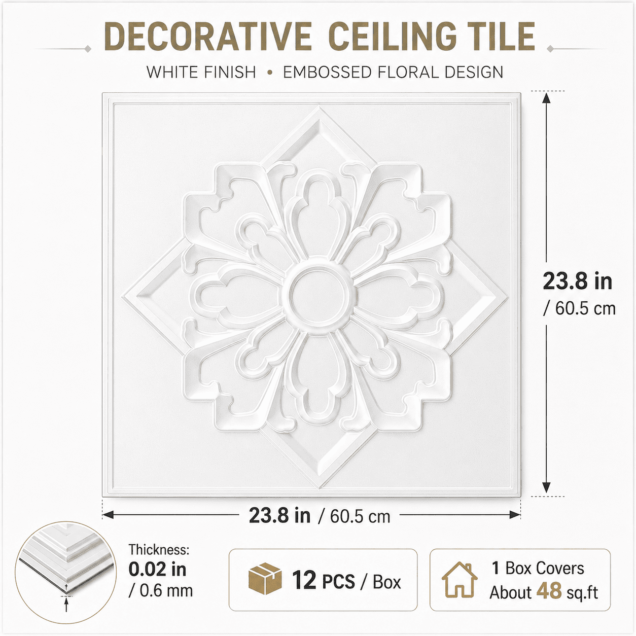 Yeslife 12-Pack 23.8" x 23.8" PVC Drop Ceiling Tiles, White Vintage 3D Embossed Decorative Panels, Waterproof Glue-Up Ceiling Tiles for Walls, Ceilings, Home and Office, 48 Sq.Ft