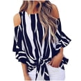 thumbnail image 2 of Fiudx Ofertas Del Día Blusa de Mujer Camisetas a Rayas con Hombros Descubiertos y Cintura con Lazo Tops Casuales de Manga Corta, 2 of 7