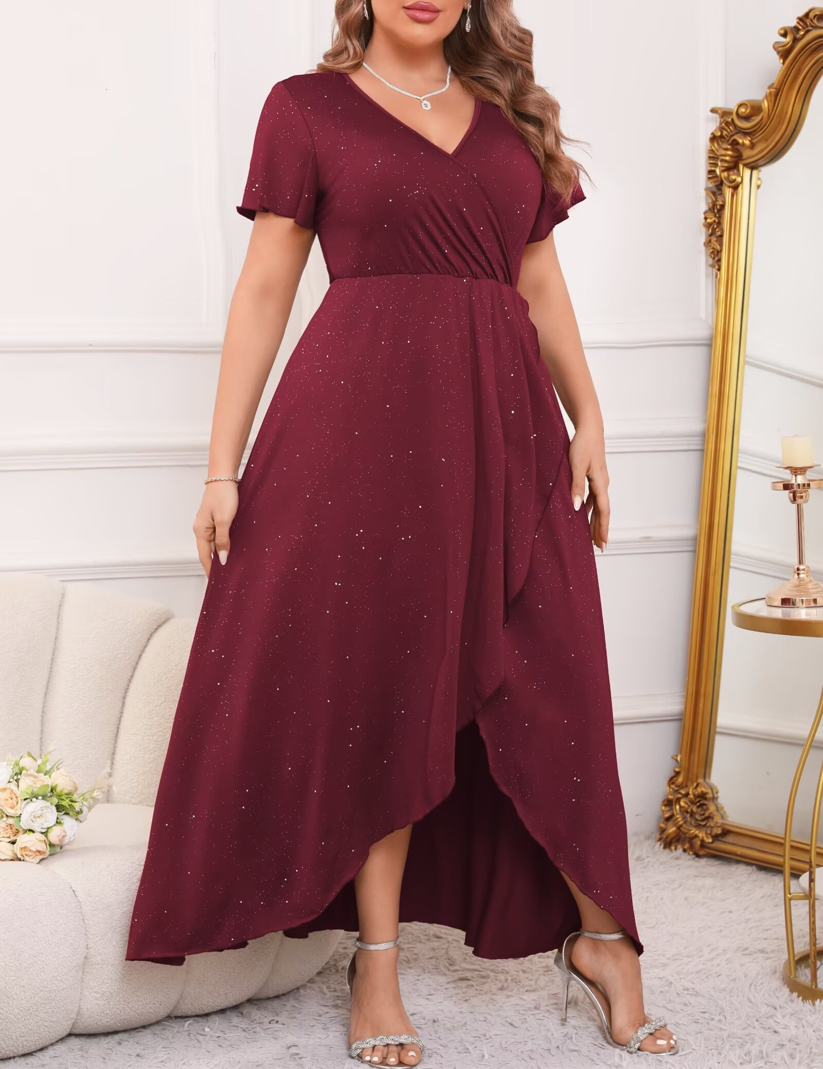 Plus Size Formal Dresses Glitter V Neck Split Wedding Cocktail Long Evening Dress Ruby Red M - image 4