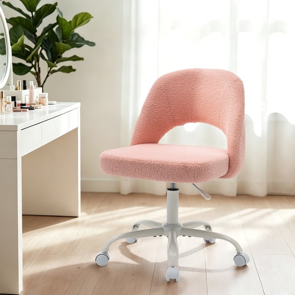 ENYLAY Pink Fluffy Teddy Fleece Vanity Chair, Height Adjustable 360° Swivel Rolling Desk Chair, Ergonomic Upholstered Makeup Chair, Modern Cute Accent Chair for Bedroom Home Office Vanity Room