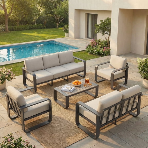 ReNest 5-Piece Patio Conversation Set, Aluminum Wood-Grain Outdoor Furniture with Sofa & Loveseat, 6.3" Thick Olefin Cushions