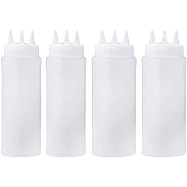 Nvzi 4 botellas de plástico de 3 orificios para condimentos, de 16 oz/450 ml, para salsa, aceite, vinagre, ketchup, mostaza, aderezo para ensaladas, accesorios de cocina
