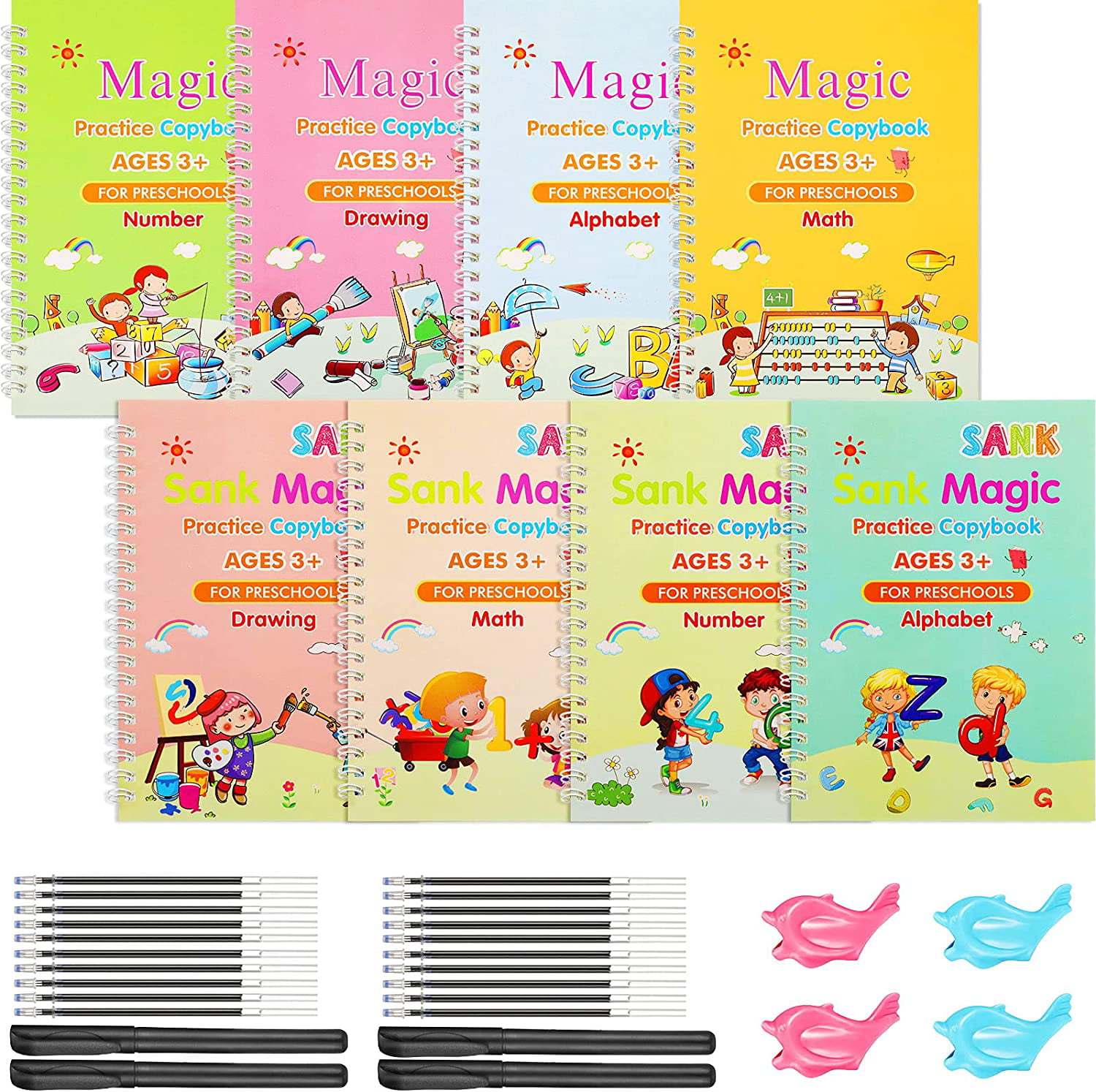 4 Pack English Magic Practice Copybook,Magic Calligraphy Reusable Handwriting Workbook pens Set for Preschool Kindergarten Kids Child Alphabet Drawing Number Math Learning 