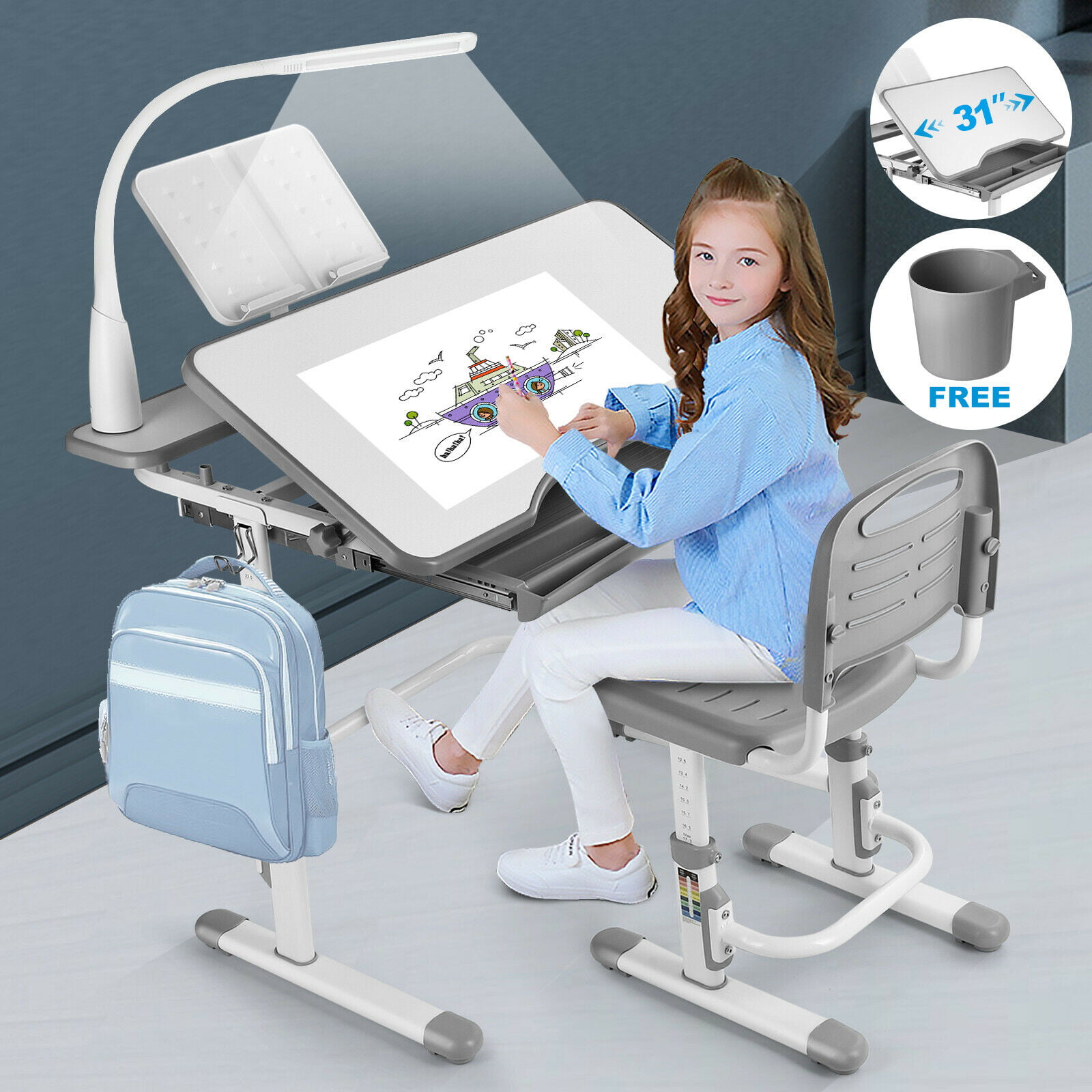 Height Adjustable Kids Study Desk Chair Set Table Lamp Drawer Boy Girl Furniture 