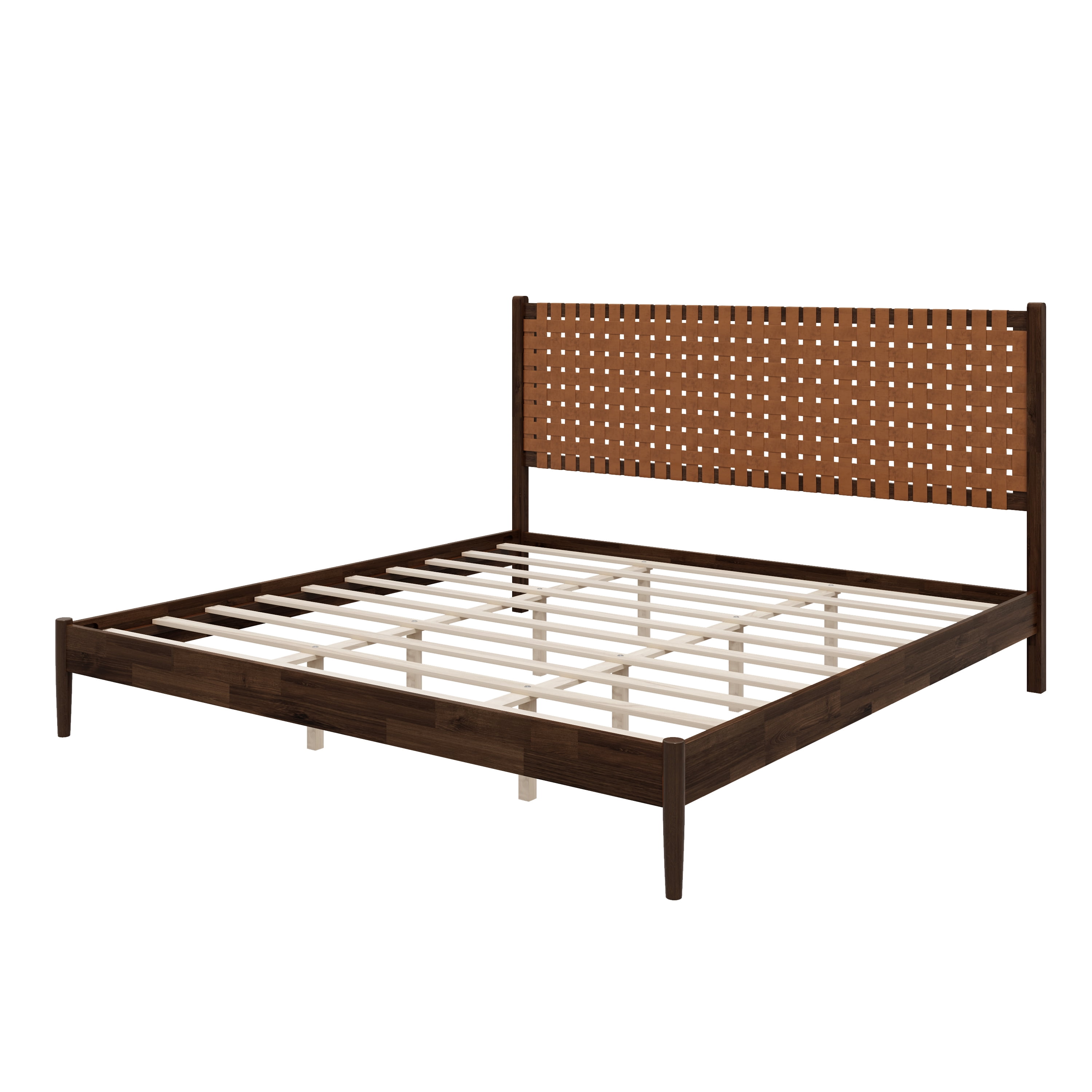 Euroco Solid Acacia Wood King Size Platform Bed, Mid-Century Modern Style Bed with Hand-Woven Vegan Leather Headboard, No Box Spring Needed, Dark Brown