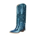 thumbnail image 2 of FRSASU women's thick-heeled western pointed booties tassels & sequins decorated fashionable boots mid heel mid top boots Blue, 2 of 6