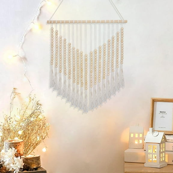 Macrame Woven Wall Hanging Decor with Wood Bead Beige Cotton Handmade Bohemian Home Decor Wall Art for Bedroom Apartment Dorm Room Nursery(Cream)