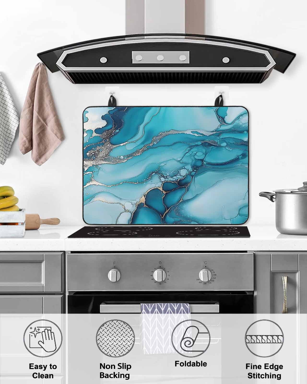 nqOlkjepod Large Induction Cooktop Protector Mat 36"x21", Turquoise Marble Stove Top Covers for Electric Stove, Teal Grey Modern Geometric Decorative Stove Burner Cover Mats, Glass Top Stove Cover