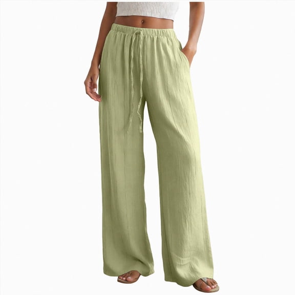 vigerkar Cotton Palazzo Pants for Women Drawstring Elastic Waist Casual Wide Leg Trousers with Pockets (Light Green, L)