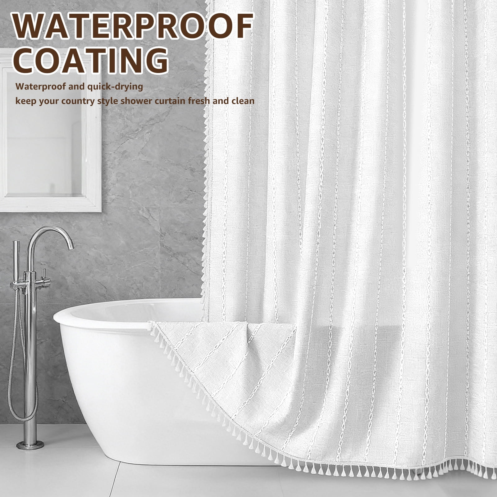 Dznils Boho Tassel Shower Curtain with Hooks, Farmhouse Thick Cloth Linen Fabric Bathroom Curtain, White, 72" x 72"