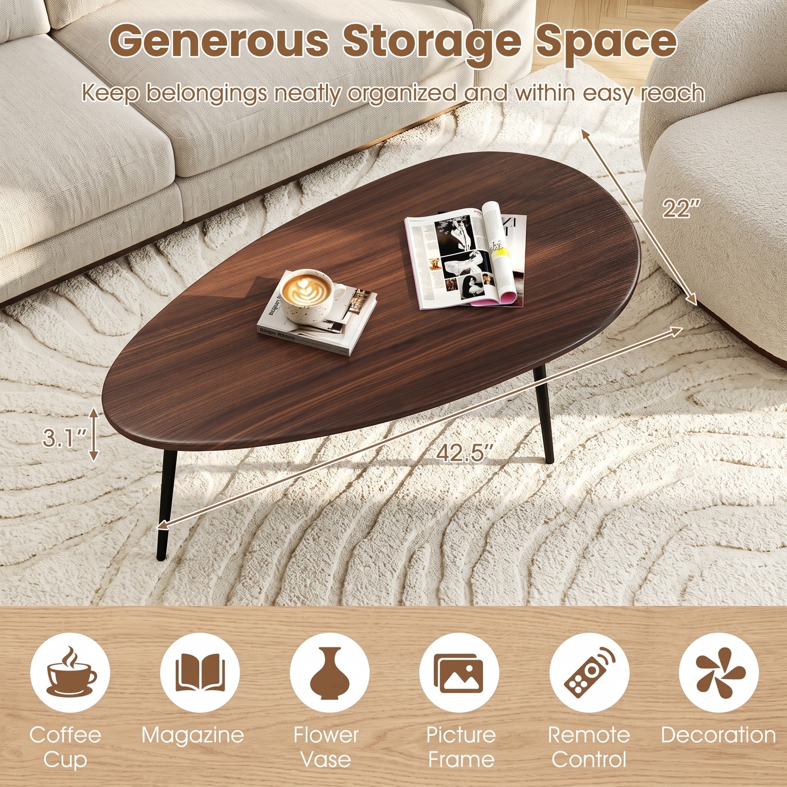 Furnibear Oval Coffee Table Mid Century Center Table with Sturdy Metal Frame, Open Storage Shelf & Adjustable Foot Pads for Living Room, Hallway & Lounge, Walnut