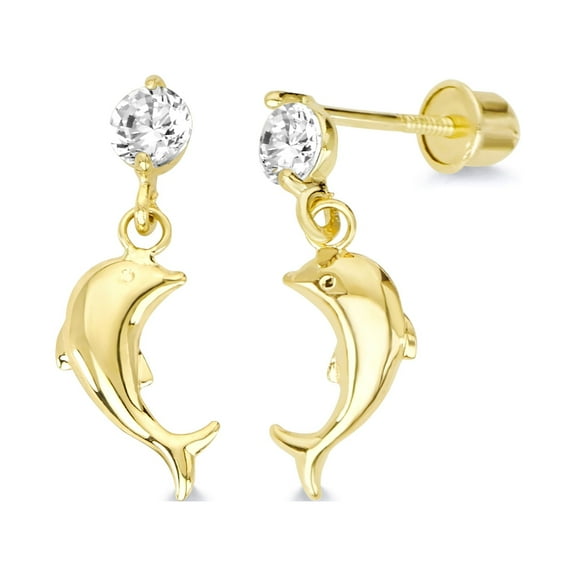 Wellingsale 14K Yellow Gold Polished Dolphin Stud Earrings With Screw Back